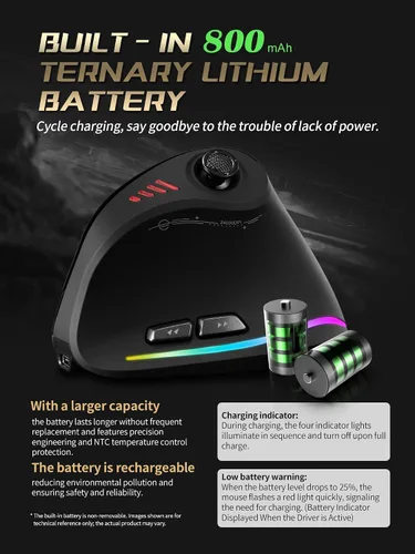 Vista 10 de TKMARS Ratón vertical ergonómico inalámbrico para juegos con joystick, Bluetooth y 2.4G, 12 botones programables, 24000 DPI ajustable, mouse RGB