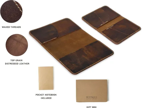 Vista 3 de Rustique Style Leather Journal Cover for Field Notes & Moleskine Cahier Pure Full Grain Vintage Leather Passport Wallet & Card Holder Premium