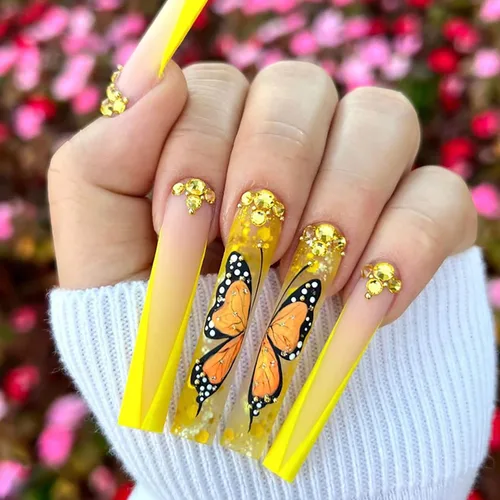 Vista 17 de Uñas postizas a presión de longitud cuadrada larga, cobertura completa, reutilizables, uñas postizas de bailarina, uñas adhesivas con diseños
