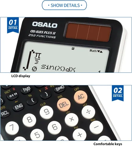 Vista 7 de OSALO Calculadora científica 252 funciones Pantalla escrita de 2 líneas y calculadoras solares de batería para estudiantes de secundaria (OS-82ES-2)