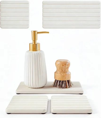 Vista 11 de Paquete de 2 bandejas de fregadero de piedra de diatomita, tapete de grifo absorbente de agua para encimera de cocina y baño, jabonera decorativa