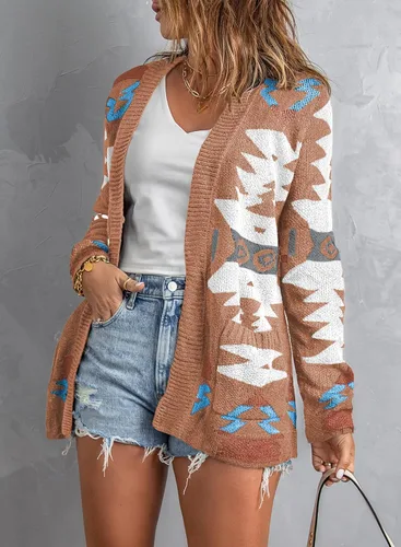 Vista 3 de Sidefeel Women Open Front Aztec Cardigan Pockets Long Sleeve Knit Sweater Coat