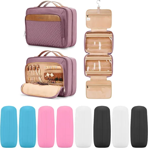 Vista 8 de Bolsa de aseo colgante de viaje para mujeres y hombres, con 6 cubiertas de botellas de silicona a prueba de fugas, accesorios impermeables