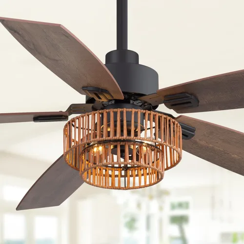 Vista 9 de 52" Farmhouse Ceiling Fans with Lights, Black Ceiling Fan with 6 Wind Speed Remote Control, Dual Finish 5 Blades, Reversible DC Motor, Rattan Caged