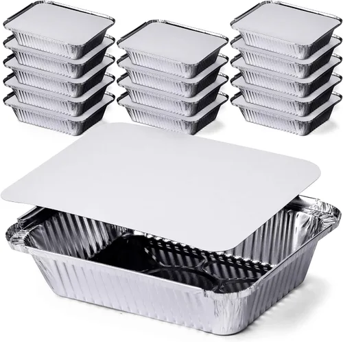 Vista 8 de DecorRack - Bandeja rectangular de aluminio desechable con tapa plana, resistente, de 2.25 libras, ideales para recalentar, hornear, asar