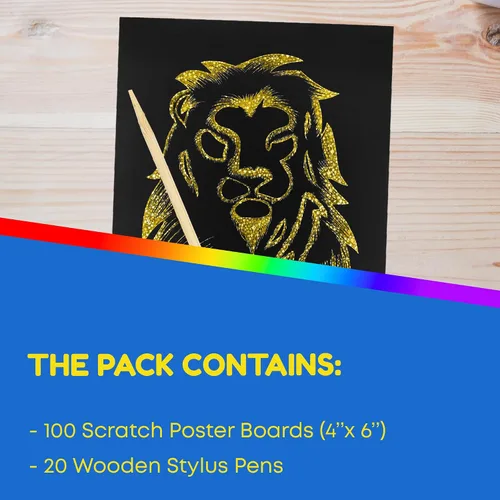 Vista 2 de Hygloss Juego de 100 hojas de arte para rascar, 4 x 6 pulgadas, negro mate, juego de arte para niños, incluye 100 papeles holográficos plateados u