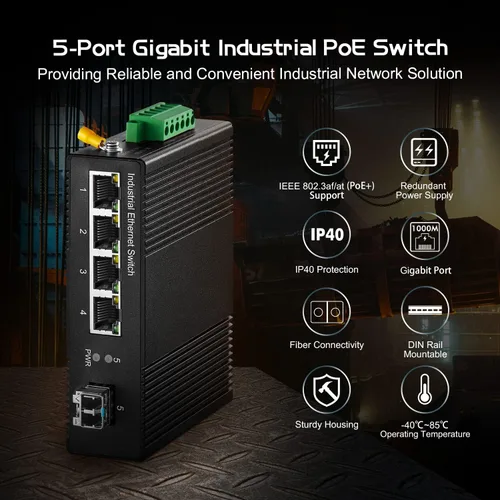 Vista 2 de Interruptor industrial Gigabit PoE de 5 puertos, IEEE802.3af/at Ethernet, 1 puerto SFP con módulo LC de 12.4 mi, aleación de aluminio IP40 -40 ~