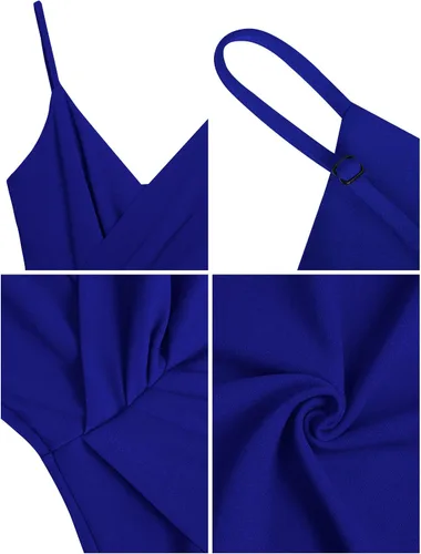 Vista 6 de Missufe Vestido de cóctel para mujer, con cuello en V, sin mangas, fruncido, entallado, con abertura, para verano, fiesta, cóctel