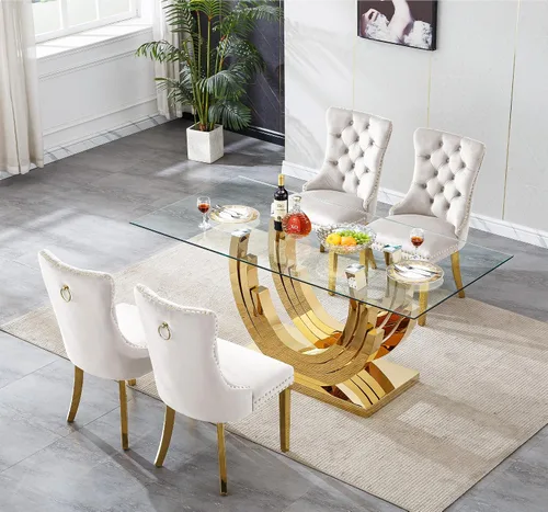 Vista 2 de Juego de mesa de comedor de cristal dorado de 5 piezas, 70 pulgadas, rectangular, moderna, para cocina y comedor, mesa de comedor para 4, mesa