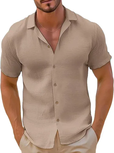 Vista 7 de Camisa de guayabera cubana para hombre, estilo casual, con botones, de manga corta, para verano, playa, hippie, color sólido, tops de trabajo