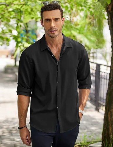 Vista 3 de COOFANDY Camisa casual de manga larga con botones para hombre, camisa de verano para playa, boda