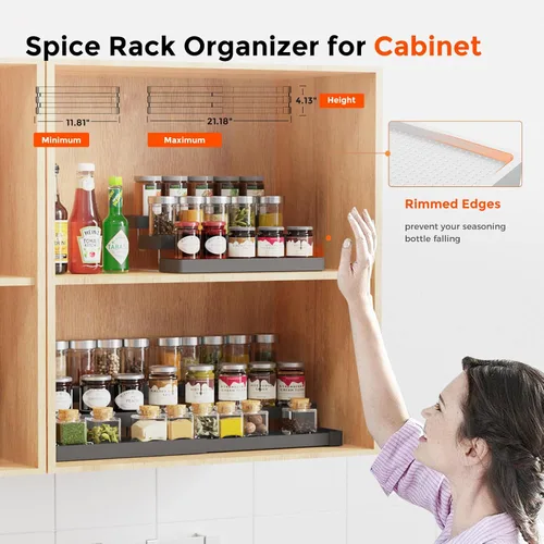 Vista 3 de Organizador de especias expandible – Organizador de especias ajustable de 3 niveles para gabinete y encimera – Fácil visibilidad – Negro