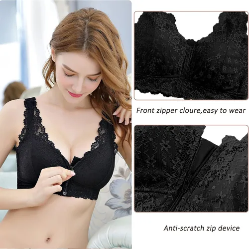Vista 3 de Sujetador de encaje floral con cuello en V para mujer, bralettes de encaje sin aros con soporte push up y cierre frontal