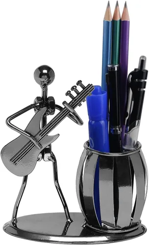 Vista 6 de Soporte para Bolígrafos de Escritorio, Porta Lápices de Estilo Guitarra para Regalos para Hombres, Linda Taza de Metal para Bolígrafos