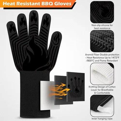 Vista 3 de Guantes BBQ, 1472 °F, resistentes al calor, guantes ignífugos, guantes de silicona antideslizantes lavables, guante de horno, guante de cocina