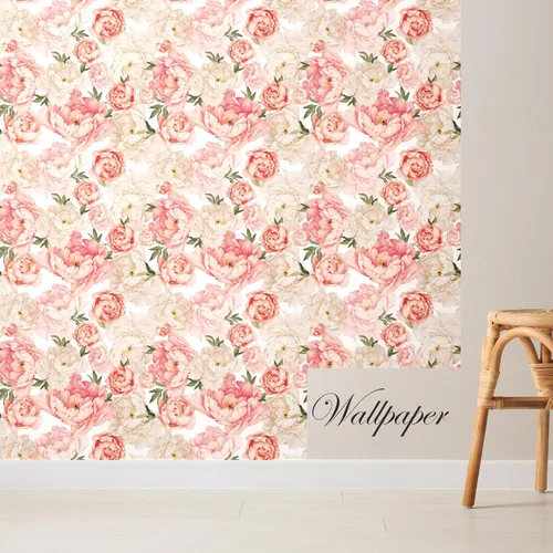 Vista 6 de Blooming Wall PS040 - Papel pintado autoadhesivo autoadhesivo de peonía fresca y rosa extraíble para despegar y pegar