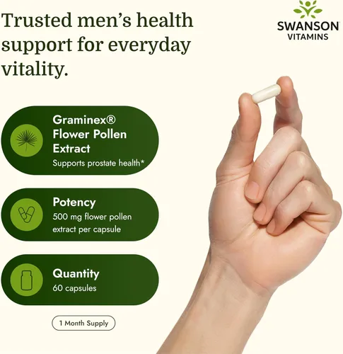 Vista 3 de Swanson Graminex Extracto de polen de flores, suplemento de salud masculina para apoyar la salud de próstata, riñón, vejiga y tracto urinario* - Sin
