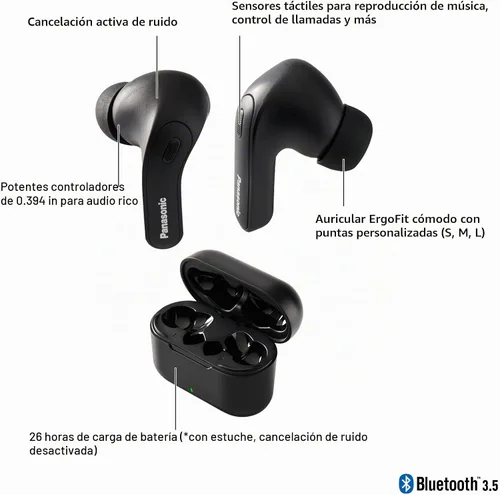 Vista 2 de Panasonic ErgoFit - Auriculares inalámbricos con cancelación de ruido, auriculares intrauditivos con graves potentes XBS, Bluetooth 5.3, estuche