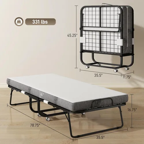 Vista 3 de HOMCOM Cama plegable con colchón para adultos, tamaño individual largo, cama plegable portátil con colchón de espuma de 4 pulgadas y marco de acero