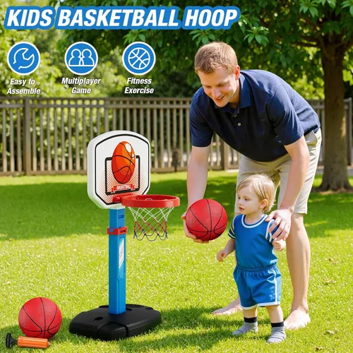 Vista 5 de HYES Juego de aro de baloncesto 2 en 1 y pelota en T para niños, altura ajustable, tee de béisbol para niños con máquina de lanzamiento automática