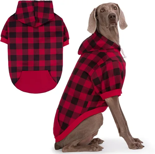Vista 28 de EXPAWLORER Sudadera con capucha para perro a cuadros, estilo británico, suéter cálido para perro con agujero para correa, ropa de pitbull, ropa