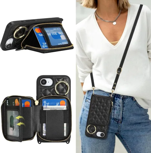 Vista 13 de Funda tipo cartera para iPhone 17e/16e, diseño de leopardo negro Funda de piel sintética con cremallera para bolso, funda con función atril
