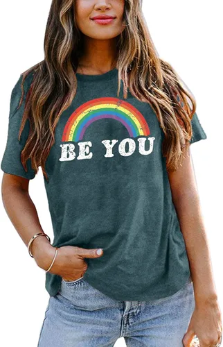 Vista 7 de Camisa de arcoíris para mujer, camiseta de orgullo con estampado de arco iris, camisetas casuales de manga corta Beyou-negro