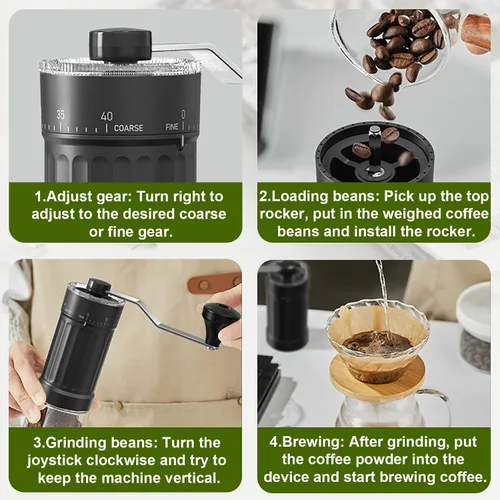 Vista 2 de Mini molinillo de café manual con 40 ajustes ajustables, molinillo de café portátil de mano con capacidad de 1.06 oz, molinillo compacto de rebabas