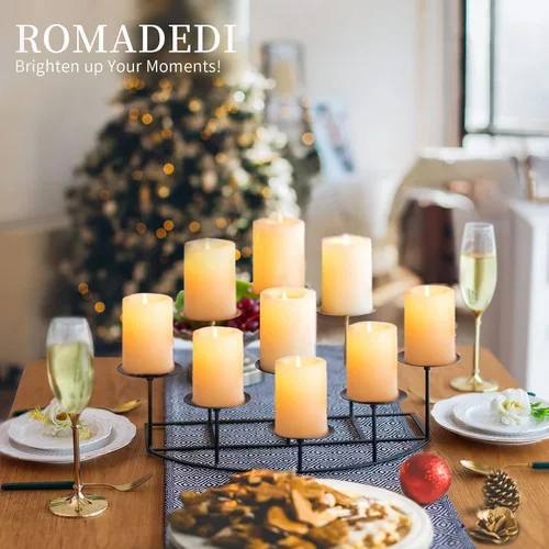 Vista 4 de Romadedi Portavelas para chimenea, 9 candelabros, para velas de pilar, soporte de vela negro, mesa de hierro, centro de mesa, manto, decoración