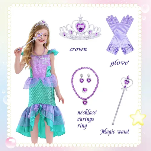 Vista 3 de Esvaiy Disfraz de sirena de princesa para niñas pequeñas disfraz de cumpleaños con accesorios