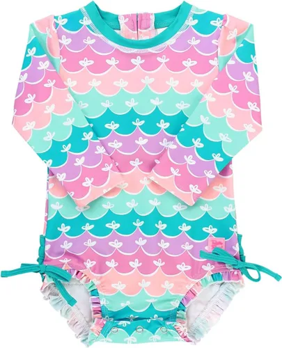 Vista 9 de RuffleButts - Traje de baño de una pieza con protección solar UPF 50+, camiseta de protección floral estampado, manga larga, con cierre zipper