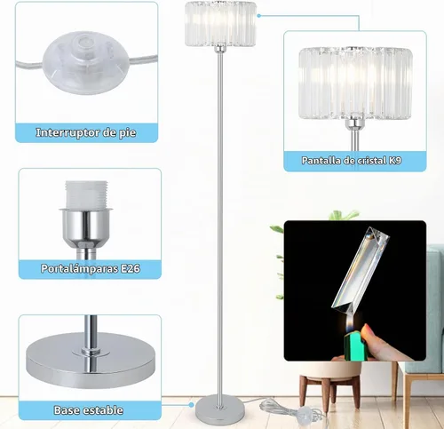 Vista 4 de HMVPL Lámpara de pie de cristal, lámpara de pie de poste cromado con pantalla de cristal K9, lámpara de pie plateada con interruptor