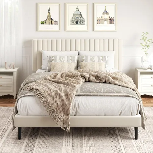 Vista 3 de HAOARA Base de cama de plataforma tamaño Queen con cabecera tapizada de terciopelo, marco de cama Queen con listones de madera fuertes, somier Beige