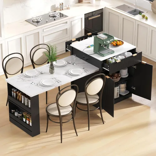 Vista 2 de RUNNA Isla de cocina acanalada de 82.6 pulgadas con mesa de comedor extensible para 4-6, mesa de isla para cocina con toma de corriente, mesa
