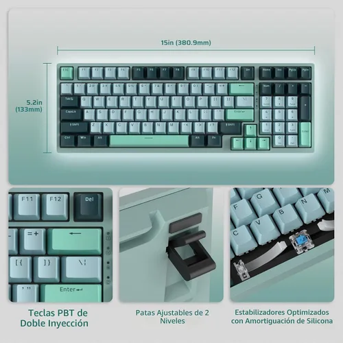 Vista 6 de LTC Nimbleback NB981 - Teclado mecánico inalámbrico al 95%, 2.4G/BT/USB-C con cable RGB 98 teclas, amortiguador de 3 capas, PCB de intercambio