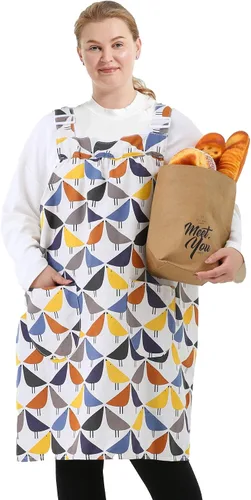 Vista 22 de Delantales sin lazos para mujer, talla grande, con bolsillos, de algodón, lino, para hornear, cocina, cocina