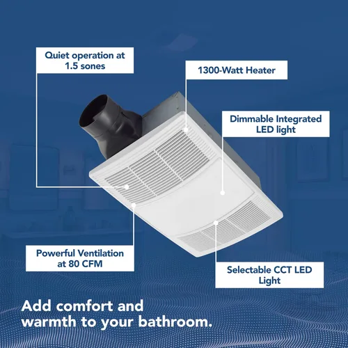 Vista 2 de Broan-NuTone BHFLED80 PowerHeat - Extractor de baño, calentador y combinación de luz LED, 80 CFM.