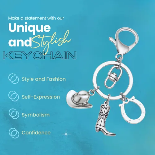 Vista 4 de Llavero de caballo con sombrero de vaquero, dijes para botas y herradura, accesorio occidental de acero inoxidable, regalo ecuestre para mujeres