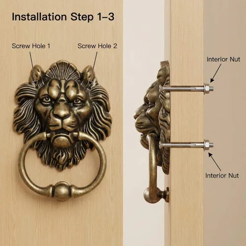 Vista 3 de QWORK Aldaba de puerta de bronce con cabeza de león antiguo, diseño clásico vintage