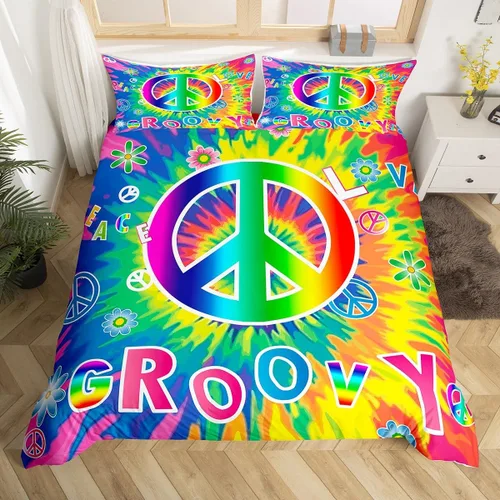 Vista 12 de Groovy Flowers - Funda de edredón de flores hippy girl, juego de ropa de cama con diseño de flores de arco iris, espiral, rayas, floral, juego