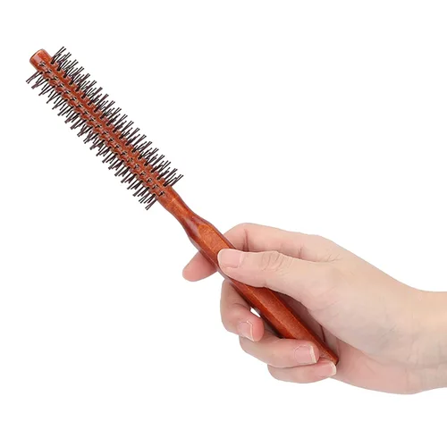 Vista 9 de Cepillo de pelo redondo para secado con nailon suave, cepillo de pelo redondo rizado en caliente con mango de madera, unisex para secado con soplado