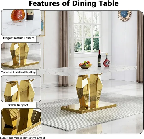 Vista 5 de Juego de 5 mesas de comedor de mármol sintético, juego de mesa de cocina y comedor para 4, mesa de comedor rectangular blanca de 70 pulgadas