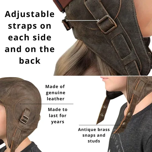 Vista 4 de Sombrero de aviador para niños, cuero marrón real, disfraz, casco volador de piloto, sombrero steampunk para niños