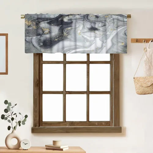Vista 24 de Cortina de cenefa de mármol verde con venas doradas de mármol negro, diseño abstracto de lujo, elegante cenefa con bolsillo para barra, 1 panel