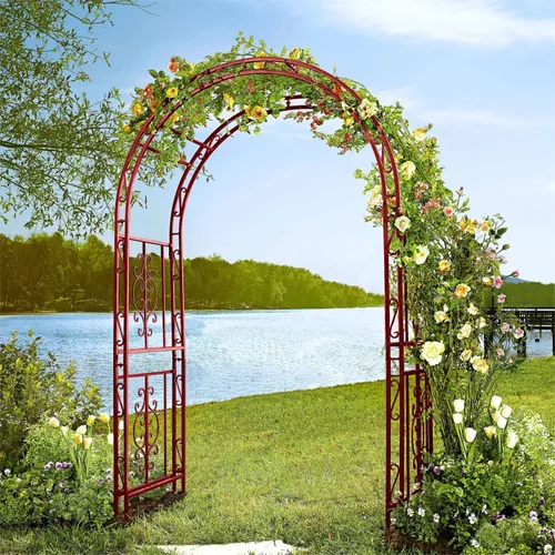 Vista 3 de Estructura de arco de jardín al aire libre de metal de Plow & Hearth, de 84 pulgadas de alto, entramado de celosía de hierro para plantas Rojo