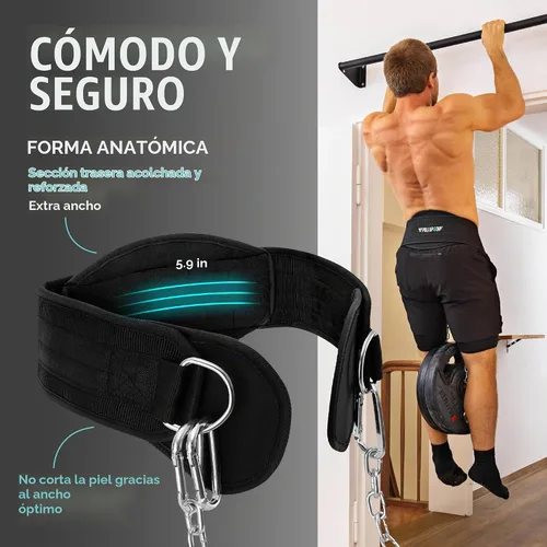 Vista 2 de PULLUP & DIP Cinturón de levantamiento de pesas para fortaleza adicional y construcción muscular, cinturón de peso con cadena de acero y 3