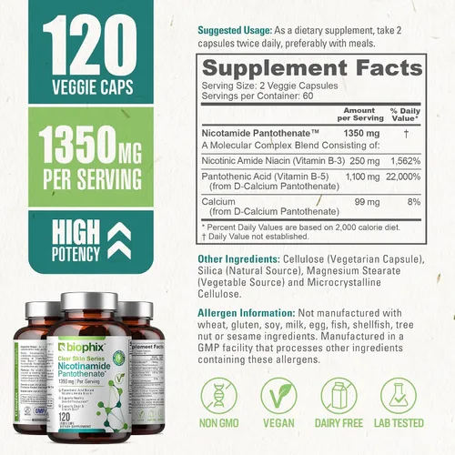 Vista 4 de biophix Pantotenato de nicotinamida B-3 1350 mg 120 Vcaps - Clear Skin Series B5 Ácido pantoténico Natural Flush-Free Nicotinic Amide Niacina