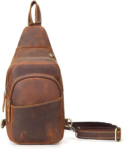 Vista 2 de Ztimi Bolso de pecho de cuero retro para hombre, bolso de mensajero de moda, mochila de cuero para hombre (color A Tamaño 11.8 x 4.7 x 7.1in)