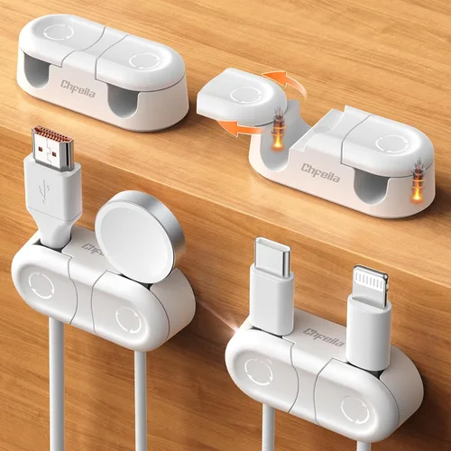 Vista 10 de Clips Magnéticos para Cables - Chfeila Paquete de 4 [Doble Ranura] [Rotación 360° y Bloqueo por Torsión] Gestión de Cables, Soporte Adhesivo