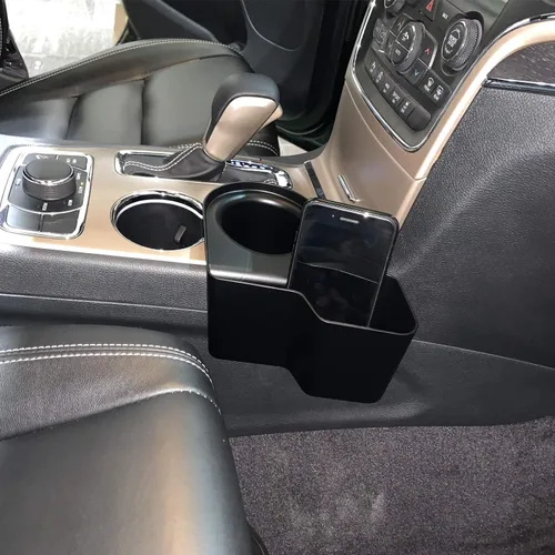 Vista 5 de CheroCar Portavasos, caja de almacenamiento para palanca de cambios, bandeja organizadora con bolsillos para Jeep Grand Cherokee 2011-2020